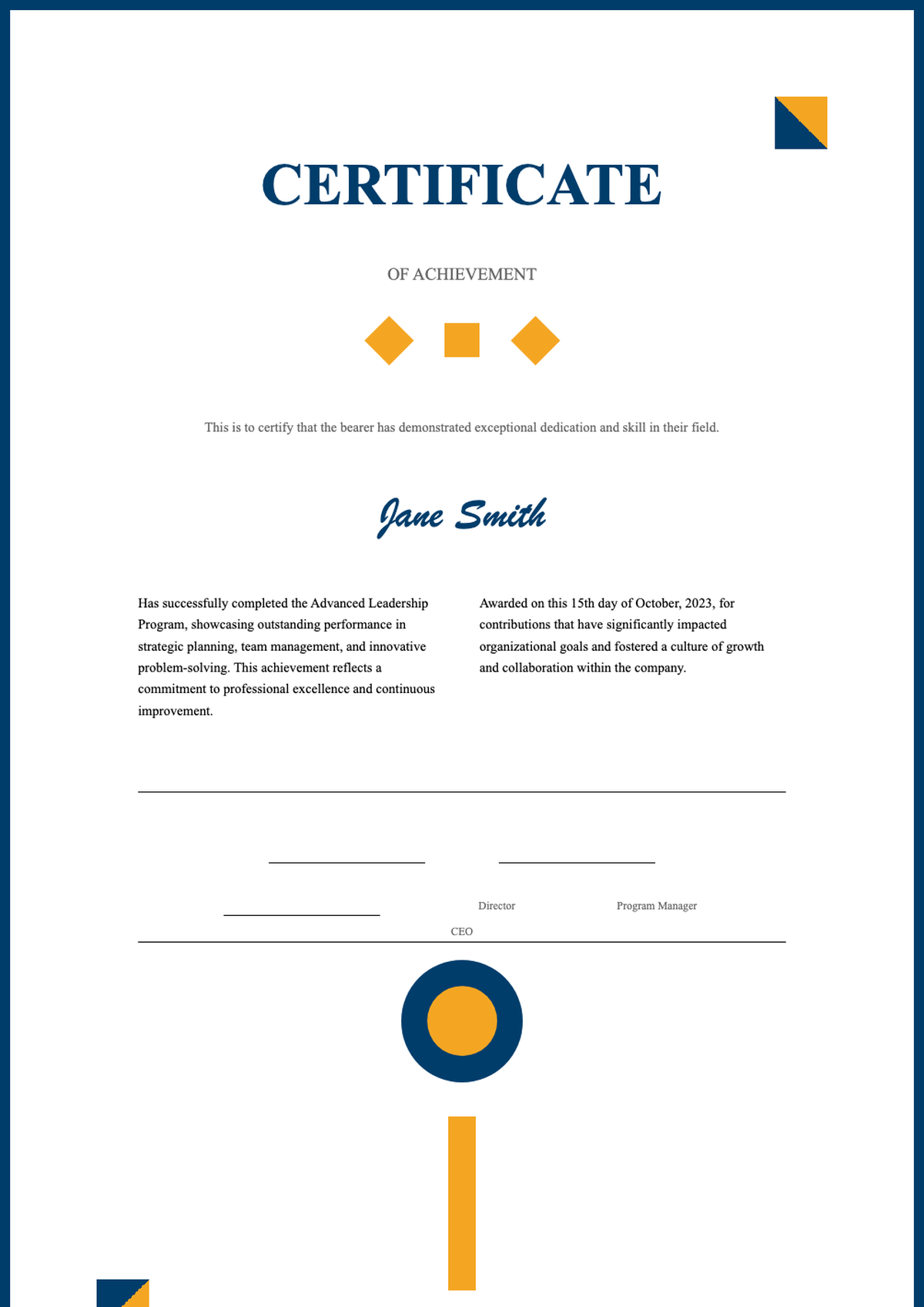 Modern achievement certificate with blue and gold geometric border_variant_3
